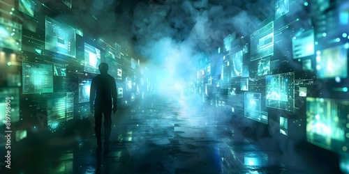 Person in dark space surrounded by glowing screens symbolizing modern loneliness. Concept Technology, Loneliness, Dark Space, Glowing Screens photo