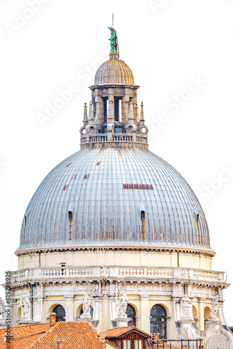 Venice, Italy. Cover page over main dome of Basilica di Santa Maria della Salute with statues, in Venice historical downtown
