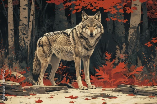 Illustration of gray wolf standing on the ground in front of a forest