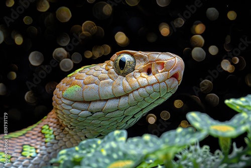 Depicting a  snake leaning in against a black background with green spots