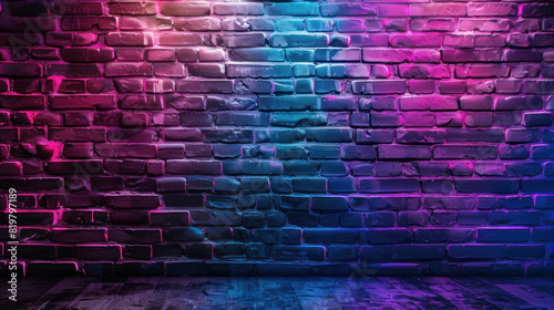 Old brick wall with wooden floor, neon blue and pink color design for wallpaper background illustration, Empty Scene Neon Light Background