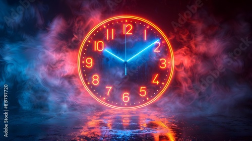 Futuristic clock with glowing neon numbers and hands set against a dark background. Time, deadline and technology concept.