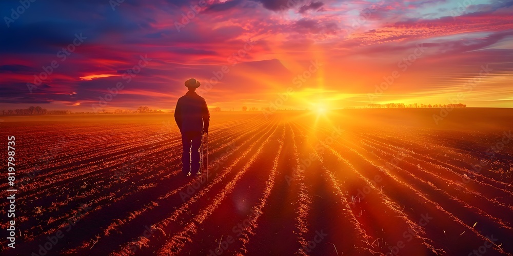 Farmer inspecting crops at sunrise in a rural field with long shadows. Concept Agriculture, Farmer, Crops, Sunrise, Rural Field