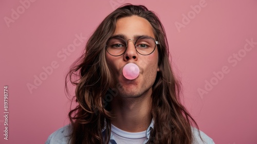 Man Blowing a Bubblegum Bubble photo