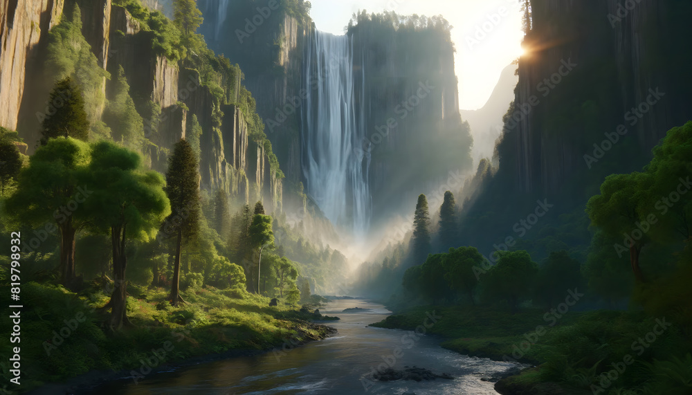 Fototapeta premium Majestic Waterfall Cascading Through Verdant Forest in Serene Natural Landscape