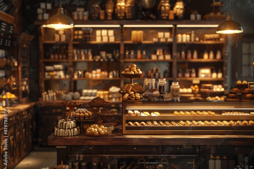 Cozy Belgian Chocolate Shop Interior with Detailed Display of Pastries and Chocolates Under Warm Lighting