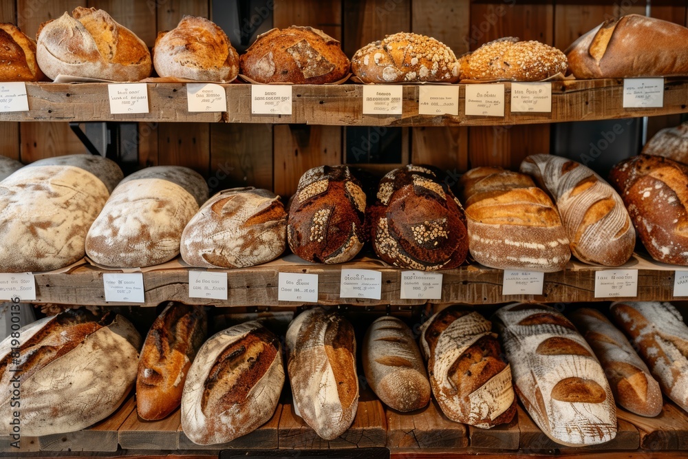 Artisanal Breads Displayed on Wooden Shelves in a Cozy Small Bakery - Perfect Crust and Texture for Culinary Inspiration