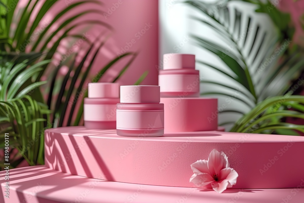 Unbranded blank cosmetics packages on a pedestal Skincare female products advertising Unbranded blank cosmetics packages on a pedestal Skincare female products advertising