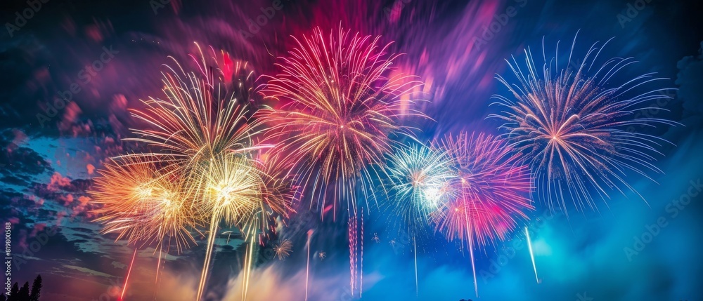 Fototapeta premium A fireworks display with a blue sky background