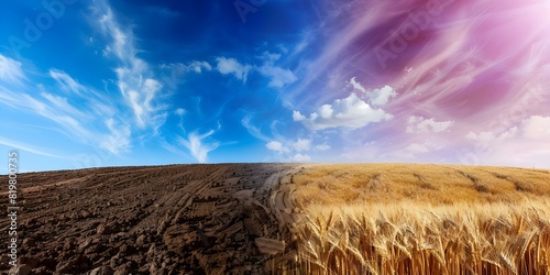 Contrasting image barren land vs fertile field with golden wheat. Concept Landscape Photography  Agriculture  Nature s Contrast  Barren vs Fertile  Golden Wheat Harvest 