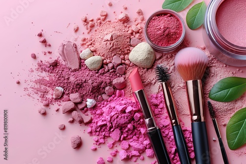 Woman flat lay makup background with cosmetics Cream, lipstick, powder, mascara and brushes Top view on pink background, copy space