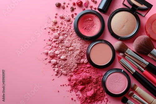 Woman flat lay makup background with cosmetics Cream, lipstick, powder, mascara and brushes Top view on pink background, copy space