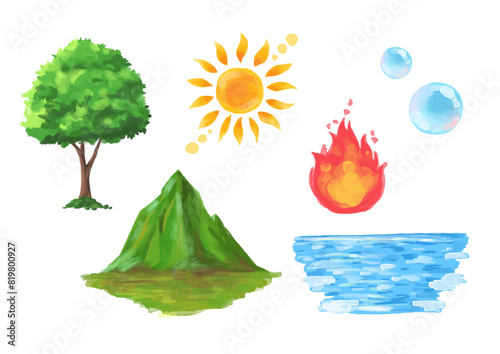 自然の要素のイラスト。木や山の植物と水や火や太陽。手描きのベクター素材セット。
