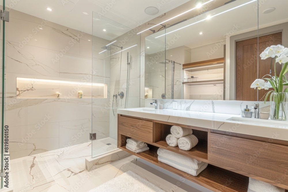 Luxurious contemporary bathroom interior design. Large marble tiles, spacious glass-enclosed shower, sleek and minimalistic vanity area, vases with fresh flowers decor. Luxurious contemporary bathroom interior design. Large marble tiles, spacious glass-enclosed shower, sleek and minimalistic vanity area, vases with fresh flowers decor.
