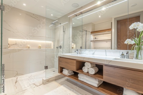 Luxurious contemporary bathroom interior design. Large marble tiles  spacious glass-enclosed shower  sleek and minimalistic vanity area  vases with fresh flowers decor.