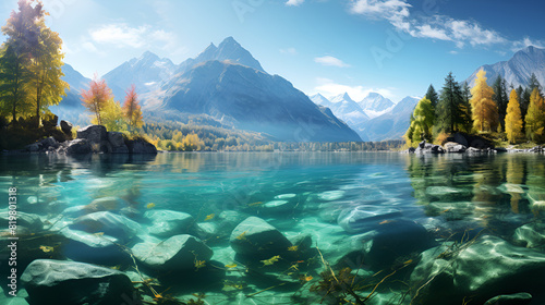 Lake reflected with crystal clear water in a valley 
