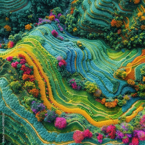 Top down drone shot of colourful Rice harvest in the lush hillside terraces of Guizhou, China Showing Jiabang Terraces Please provide high-resolution
