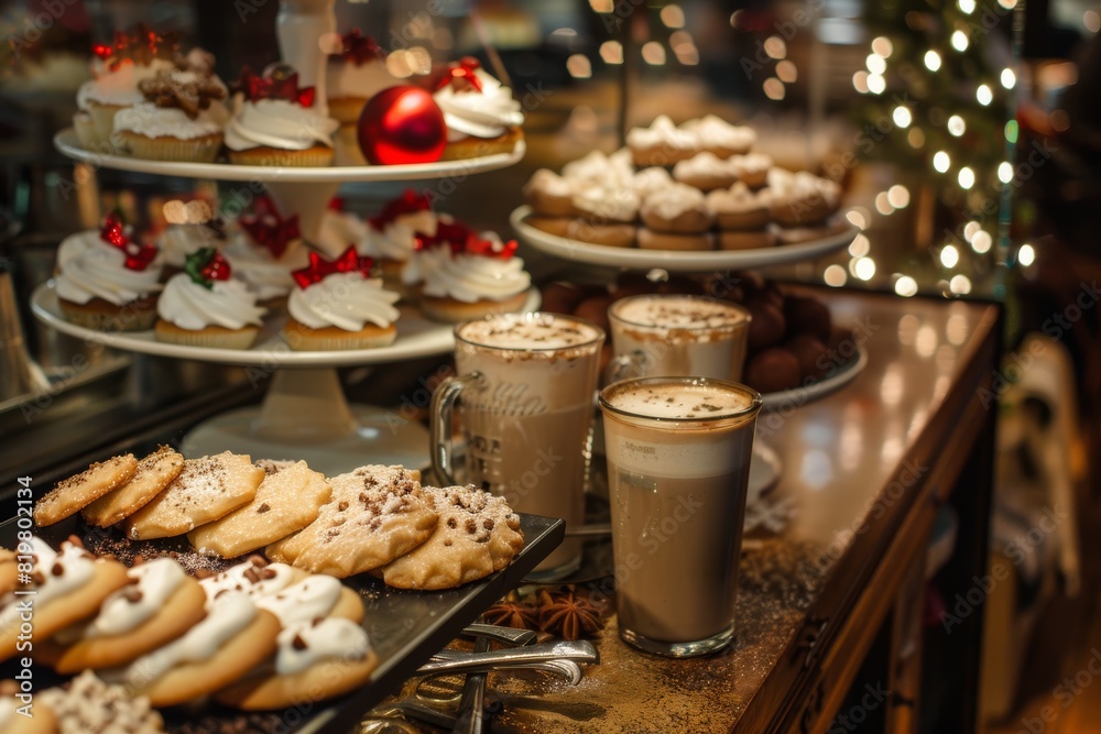 Festive Holiday Brunch Display in Bakery Cafe with Christmas Cookies and Eggnog Lattes, Perfect for Holiday Posters and Designs