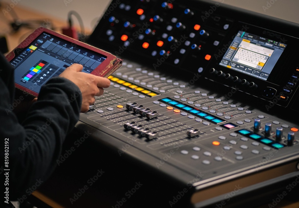 Man is using a tablet computer in a professional environment next to an audio mixing board Man is using a tablet computer in a professional environment next to an audio mixing board
