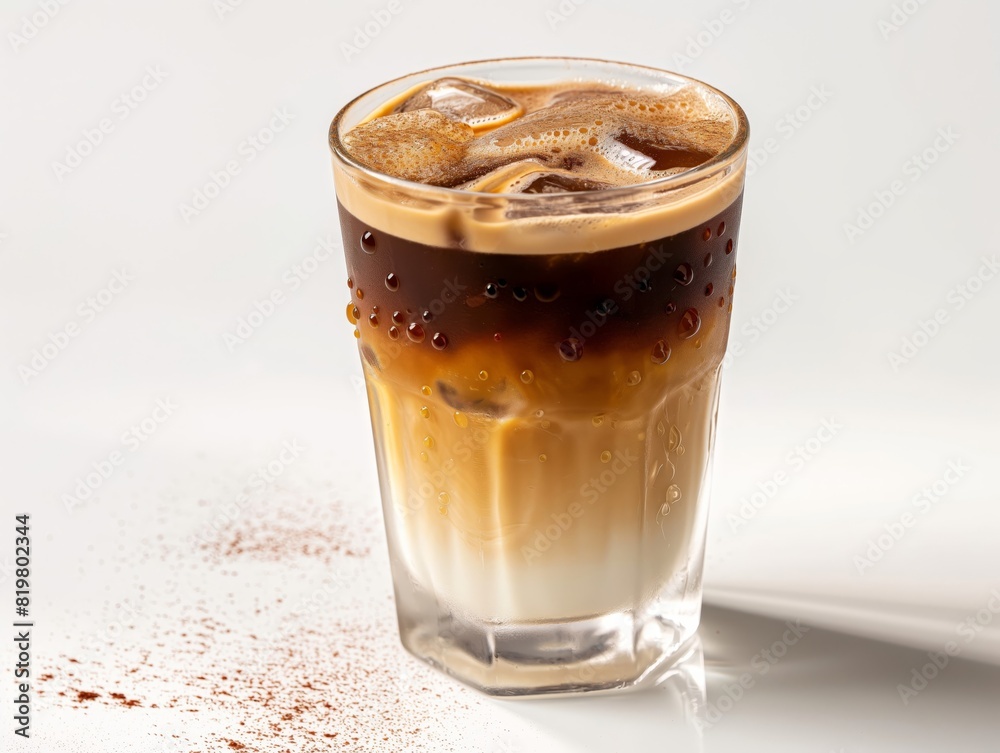 Dark brown iced espresso with a layers of cream Dark brown iced espresso with a layers of cream