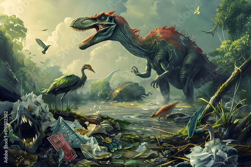 Dinosaur with other animals in forest with garbage