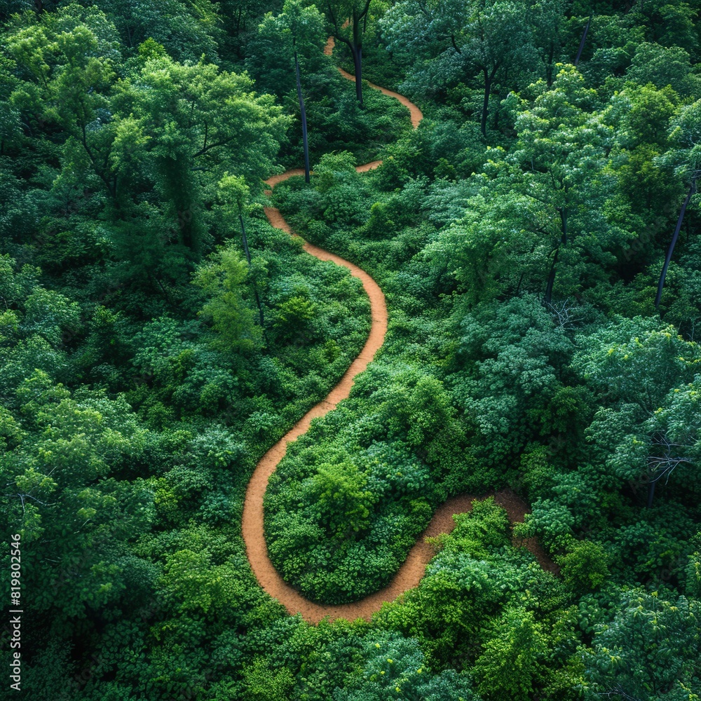 Top view of the path through the trees View from drone Please provide high-resolution