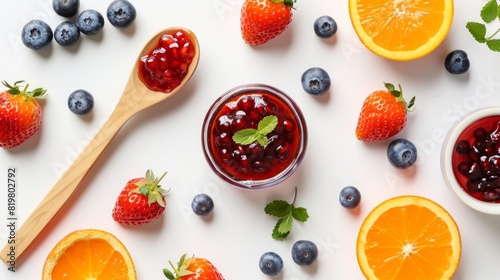 Strawberry  orange and blueberries jam with wooden spoon isolated on white background