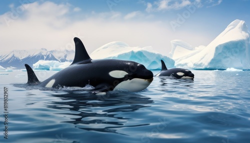 Groups of Orcas or killer whales swim and hunt for prey, the top of the food chain in a sea of ​​ice floes