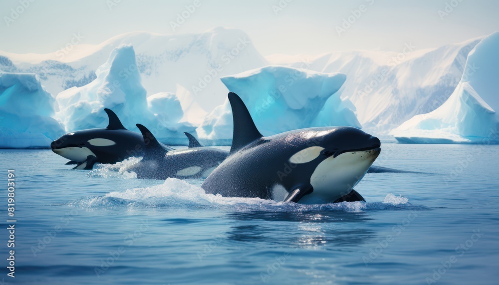 Fototapeta premium Groups of Orcas or killer whales swim and hunt for prey, the top of the food chain in a sea of ice floes
