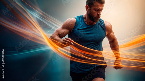An athlete against a background of active stripes of additional warm and cold color, creating a feeling of dynamics, strength and speed.