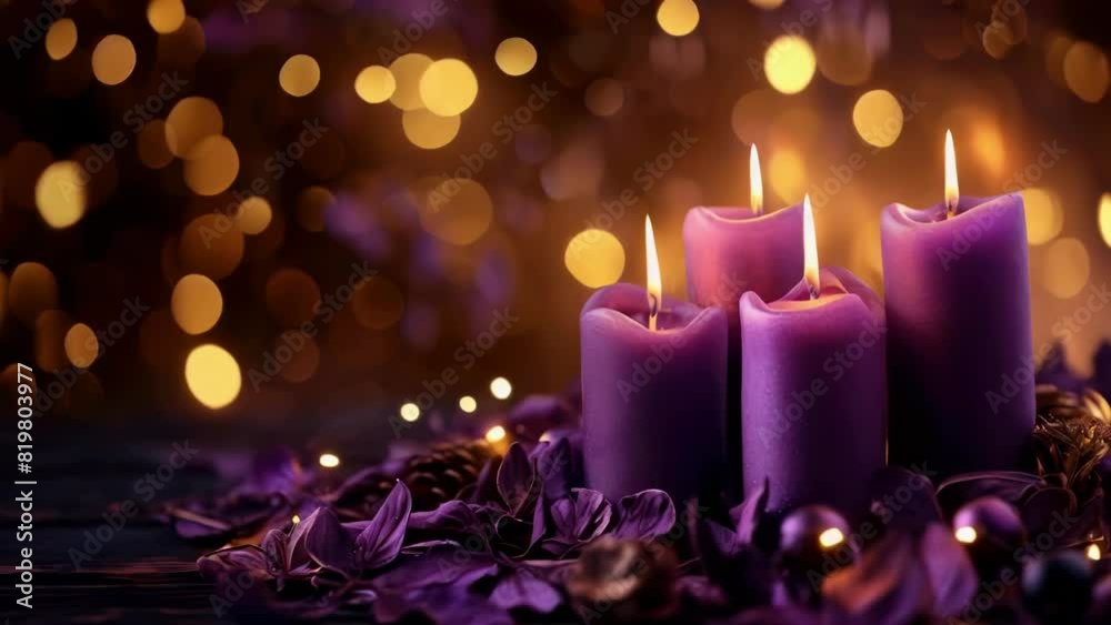 A set of purple candles are lit on a table with purple flowers. The candles are arranged in a row, with the middle one slightly taller than the others. The scene has a warm and cozy atmosphere