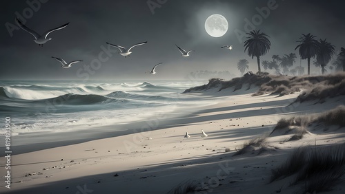 Moonlight lit beach landscape