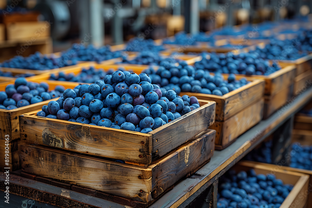 The harvested strawberries are neatly packed in wooden boxes on the sorting line, ready for distribution at a bustling farm during the peak of the harvest season