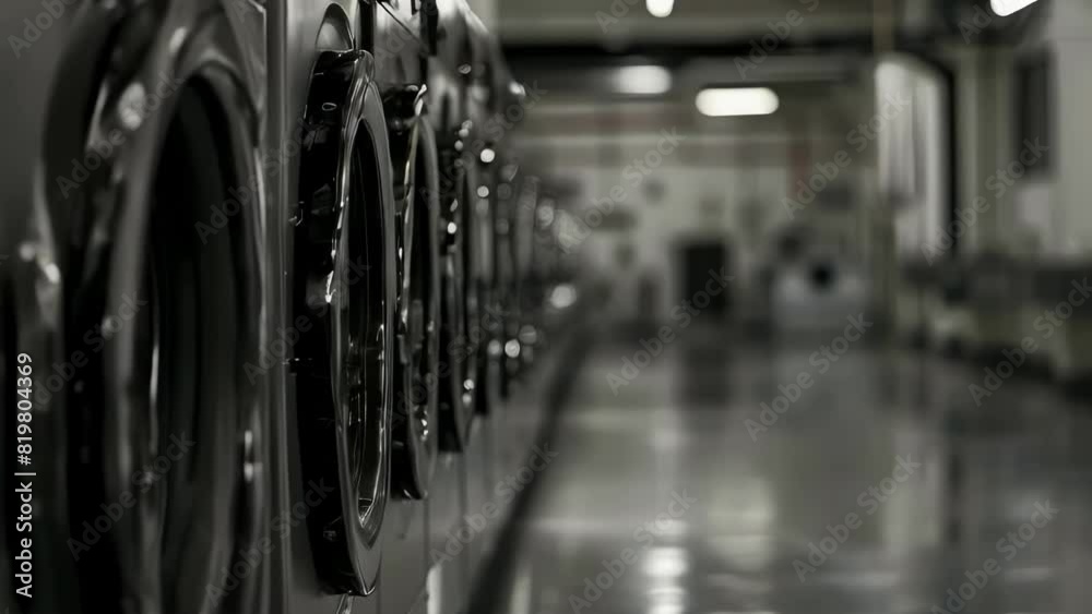 A row of black dryers are lined up in a laundry room. The room is dimly lit, giving it a somewhat eerie atmosphere