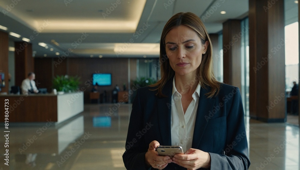 Buisnesswoman using a mobile phone in a office lobby Buisnesswoman using a mobile phone in a office lobby
