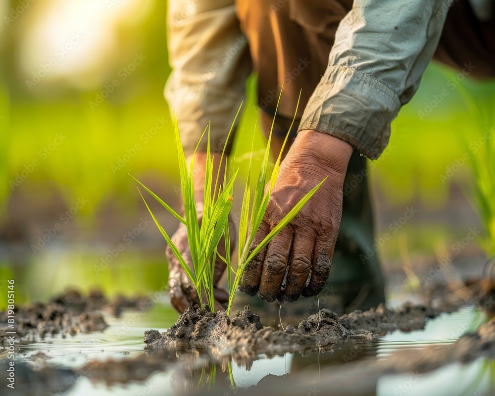 A farmer using traditional techniques to sow rice seedlings manually - close up on the methodical hand movements - dynamic, Manipulation, in a heritage-rich agricultural land A farmer using traditional techniques to sow rice seedlings manually - close up on the methodical hand movements - dynamic, Manipulation, in a heritage-rich agricultural land