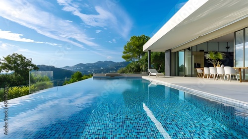 Stunning Modernist Villa with Sleek Architectural Design and Panoramic Views of Nature, Featuring Spacious Interiors, Luxurious Amenities, and a Tranquil Outdoor Pool Area photo