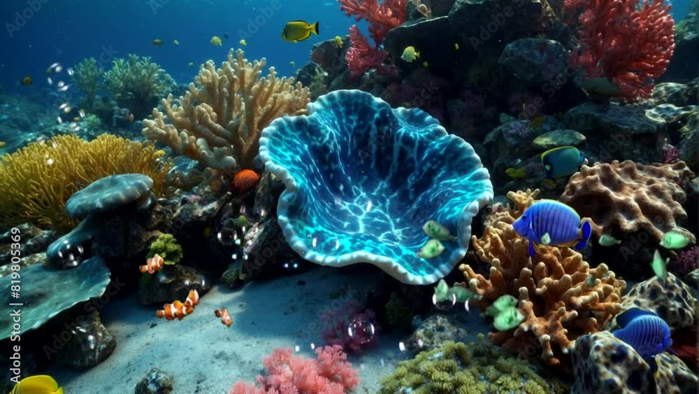 Giant clams and colorful fish swim underwater Giant clams and colorful fish swim underwater