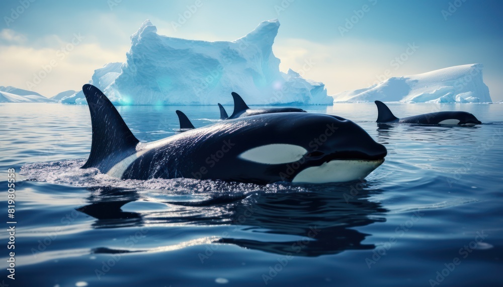 Fototapeta premium Groups of Orcas or killer whales swim and hunt for prey, the top of the food chain in a sea of ​​ice floes