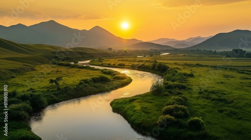 A tranquil river winding through a lush green valley, with the sun setting behind distant mountains casting a warm golden glow over the landscape. 32k, full ultra HD, high resolution