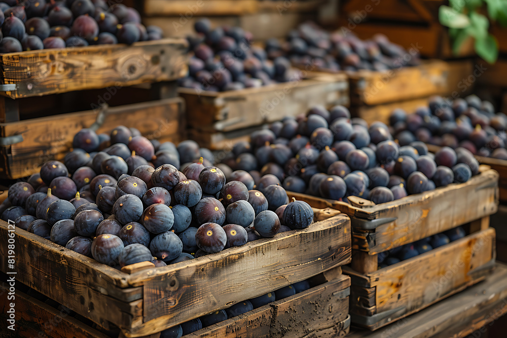 The harvested figs are meticulously packed in wooden boxes on the sorting line, ready for distribution from a bustling orchard during the peak of the harvest season The harvested figs are meticulously packed in wooden boxes on the sorting line, ready for distribution from a bustling orchard during the peak of the harvest season