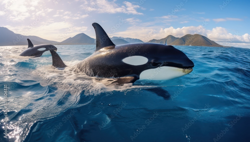 Groups of Orcas or killer whales swim and hunt for prey, the top of the food chain in a sea of ice floes Groups of Orcas or killer whales swim and hunt for prey, the top of the food chain in a sea of ice floes