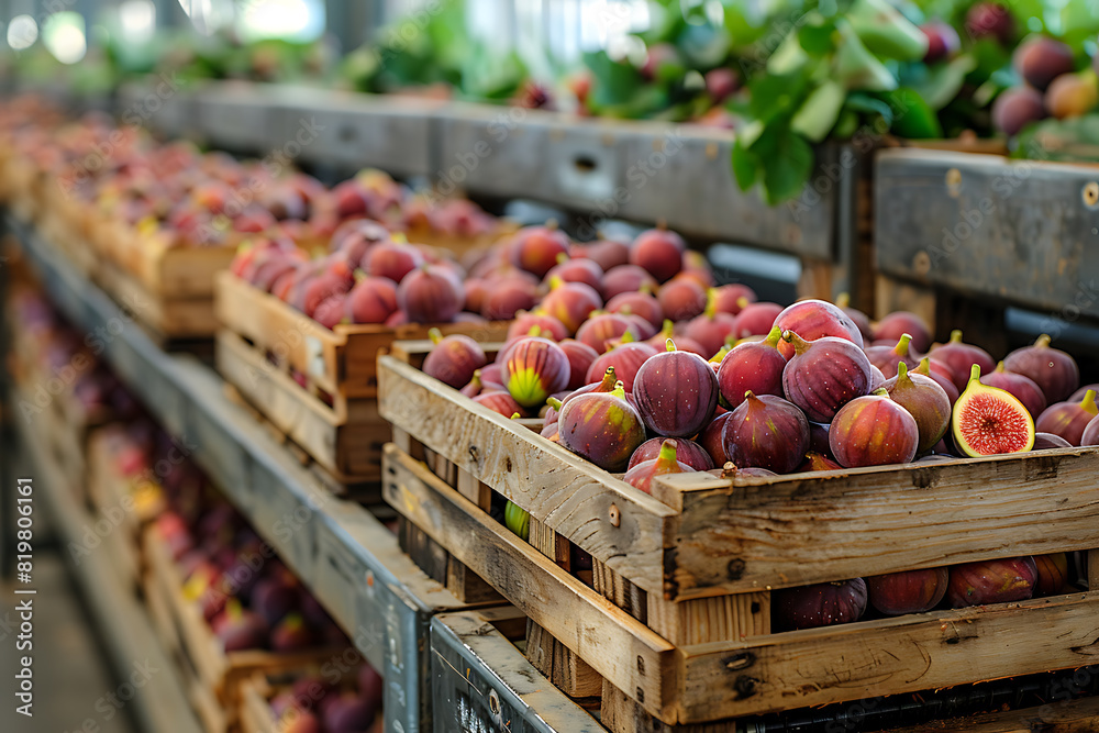 The harvested figs are meticulously packed in wooden boxes on the sorting line, ready for distribution from a bustling orchard during the peak of the harvest season The harvested figs are meticulously packed in wooden boxes on the sorting line, ready for distribution from a bustling orchard during the peak of the harvest season