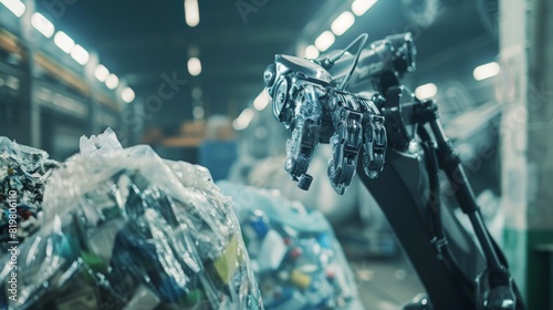 A recycling plant robot sorting and lifting large bags of recyclables - close up on the robotic arms and sorted materials  photo