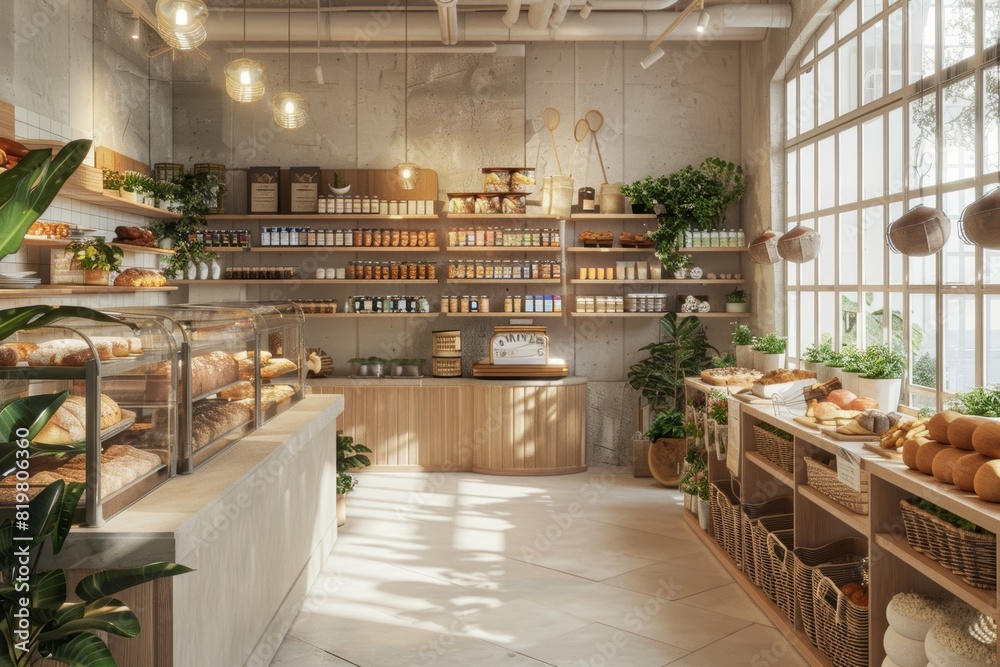 Realistic 3D Model of an Organic Bakery Interior Showcasing Eco-Friendly Materials and Design for Virtual Tours and Print Banners