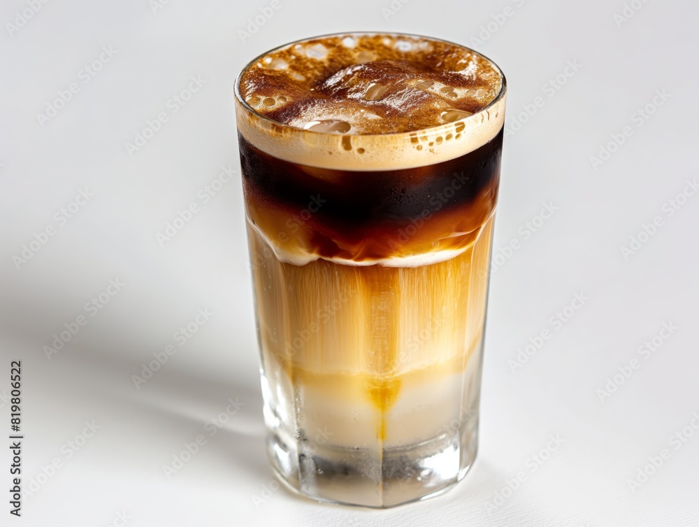 Dark brown iced espresso with a layers of cream Dark brown iced espresso with a layers of cream