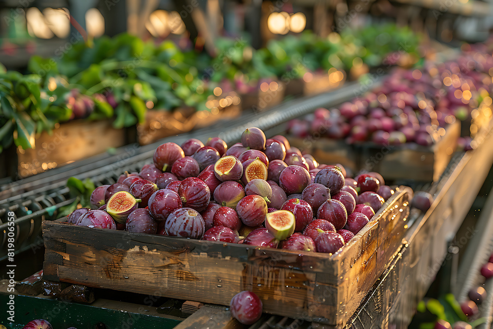 The harvested figs are meticulously packed in wooden boxes on the sorting line, ready for distribution from a bustling orchard during the peak of the harvest season The harvested figs are meticulously packed in wooden boxes on the sorting line, ready for distribution from a bustling orchard during the peak of the harvest season