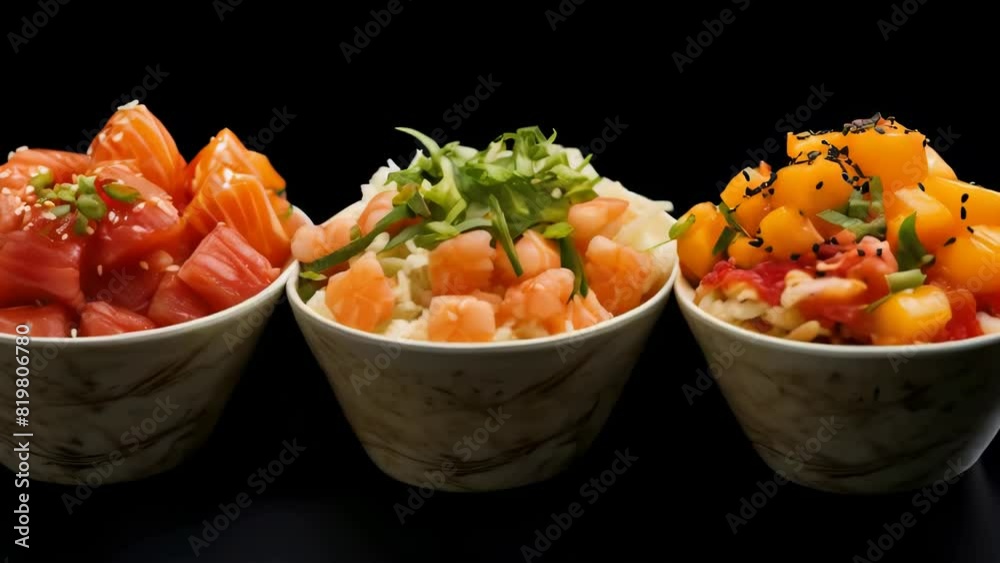 Three bowls of food, each with a different type of seafood. The bowls are arranged in a row, with the first bowl on the left, the second in the middle, and the third on the right