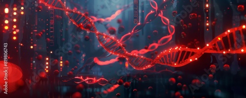 Advanced biotechnology lab with glowing red DNA helices and molecular structures floating in a dark  immersive environment  digital art with a focus on futuristic science
