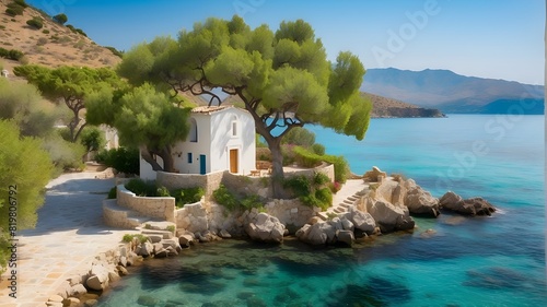 The little island is a serene and idyllic spot, possibly dotted with traditional Greek elements like a small white chapel or vibrant bougainvillaea climbing the walls of quaint structures. The island  photo